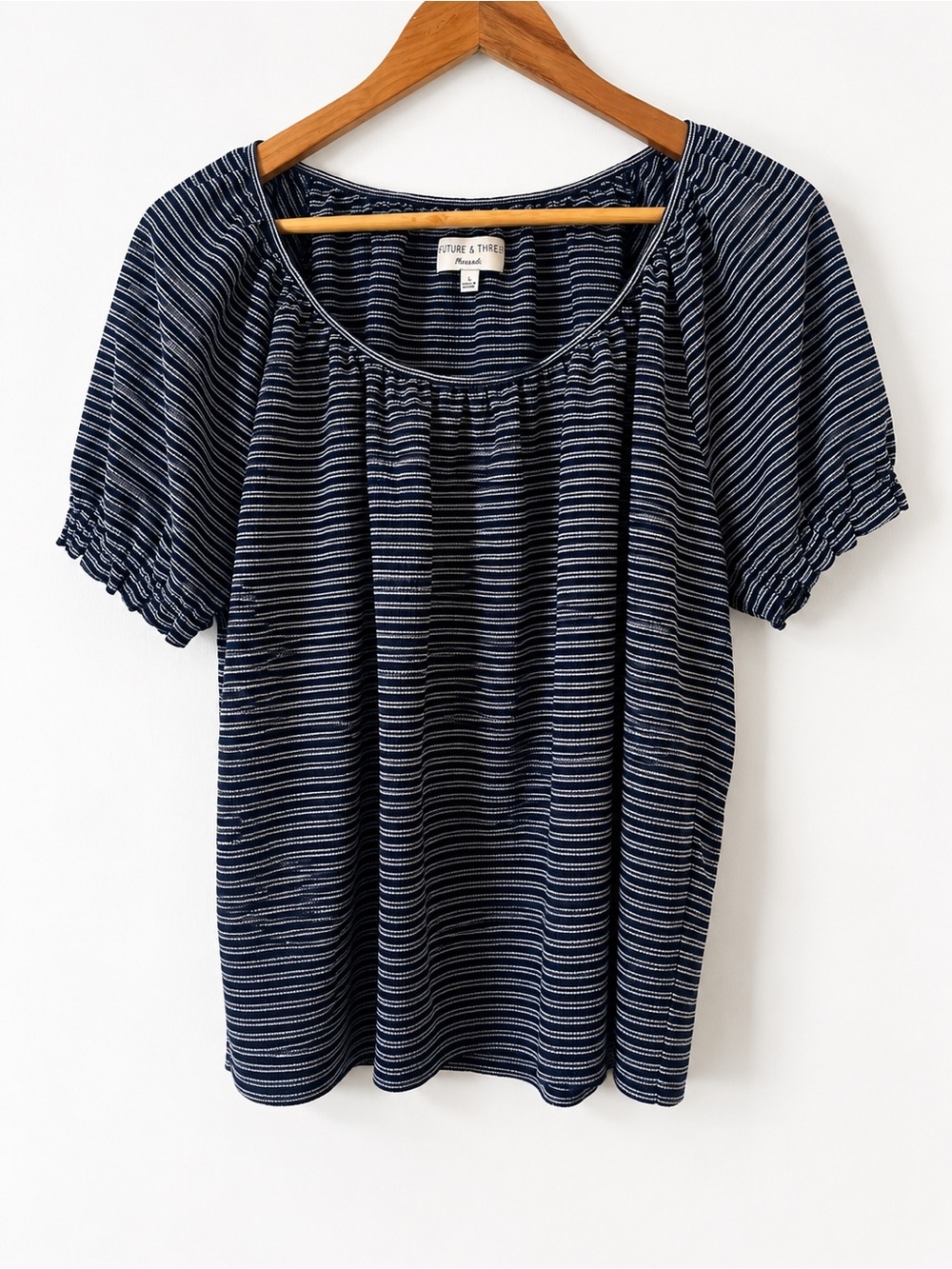Madewell Texture & Thread Navy White Striped Peasant Top Large